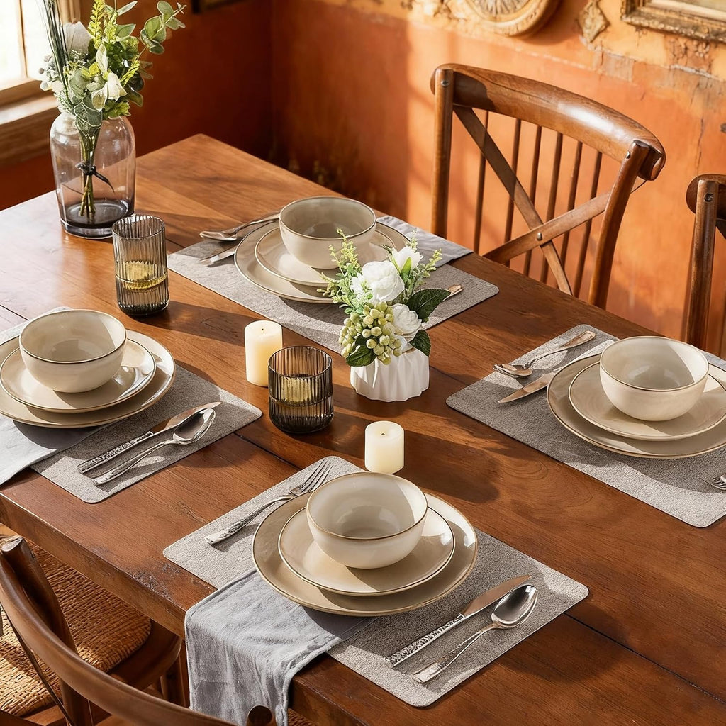 AmorArc Stoneware Dinnerware Sets for 8, 24 Pieces Handpainted Ceramic Plates and Bowls Set, Scratch Resistant Dishes Set, Dishwasher & Microwave Safe, Cappuccino
