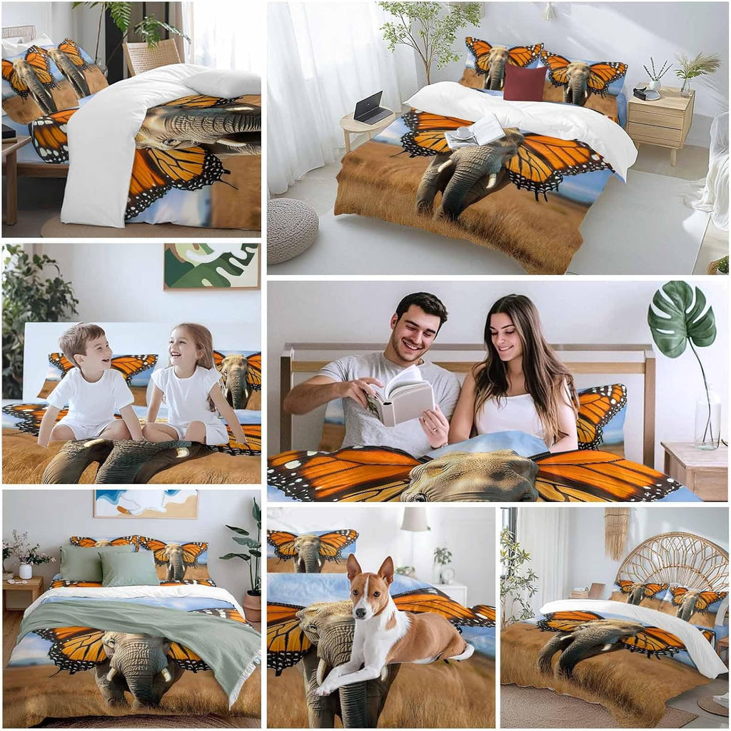 Prime Leader Funny Elephant Duvet Cover Set Queen Size 4 Pieces Elephant with Butterfly Ears Grassland Bedding Set with Zipper Closure, 1 Comforter Cover 86x86 Inches 1 Flat Sheet & 2 Pillow Cases