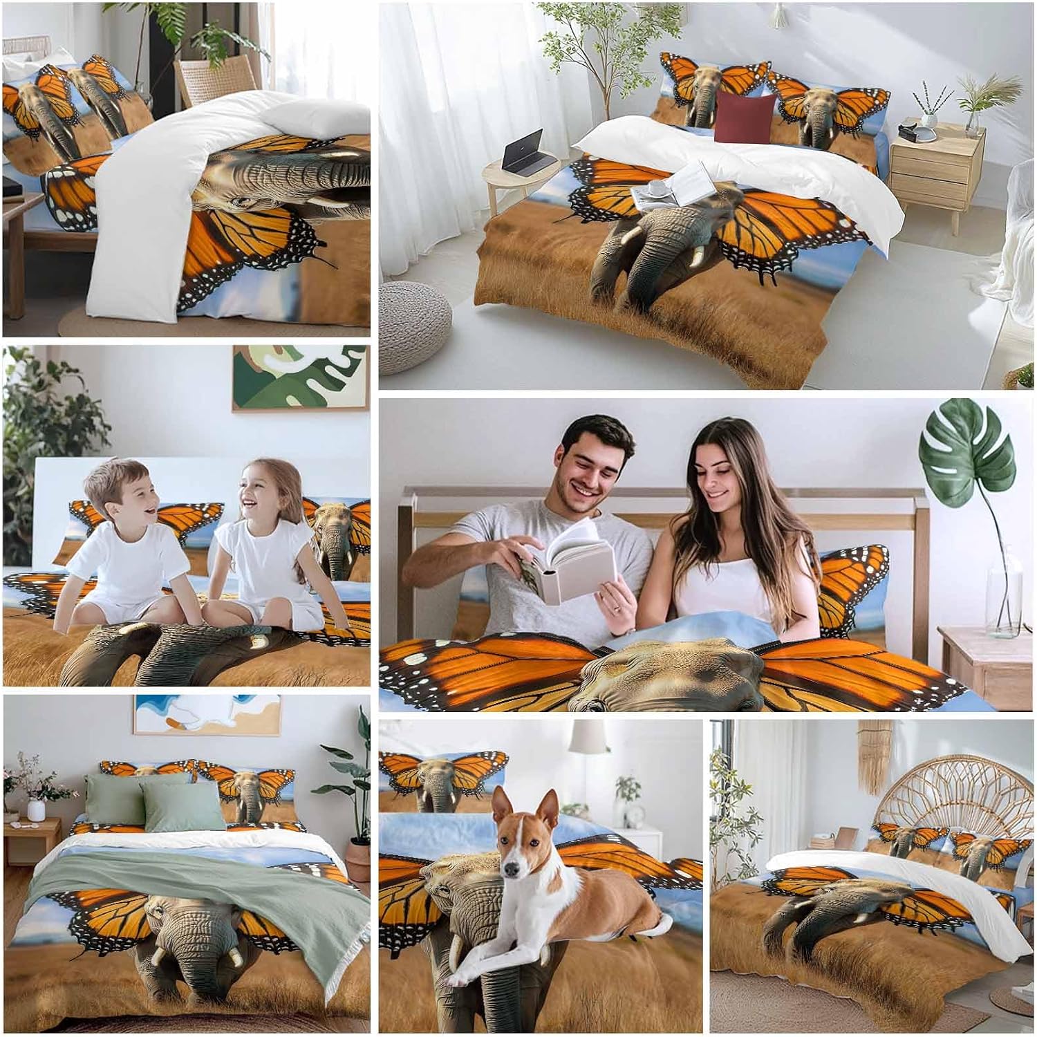 Prime Leader Funny Elephant Duvet Cover Set Queen Size 4 Pieces Elephant with Butterfly Ears Grassland Bedding Set with Zipper Closure, 1 Comforter Cover 86x86 Inches 1 Flat Sheet & 2 Pillow Cases