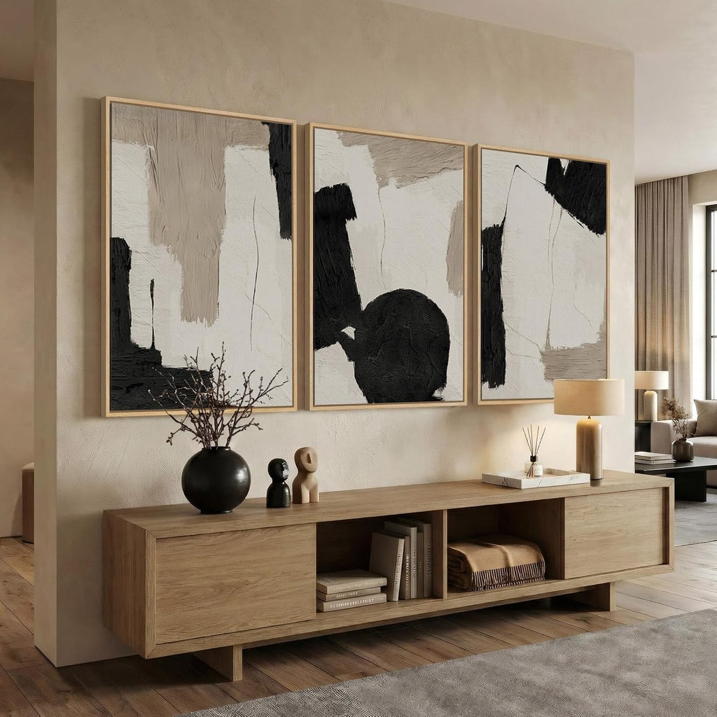 Large Framed Abstract Neutral Wall Art for Living Room, 3 Piece Black and White Beige Modern Canvas Prints Artwork for Walls, Minimalist Mid Century Painting Wall Decor Hallway Dining Room, 24x36 Inch