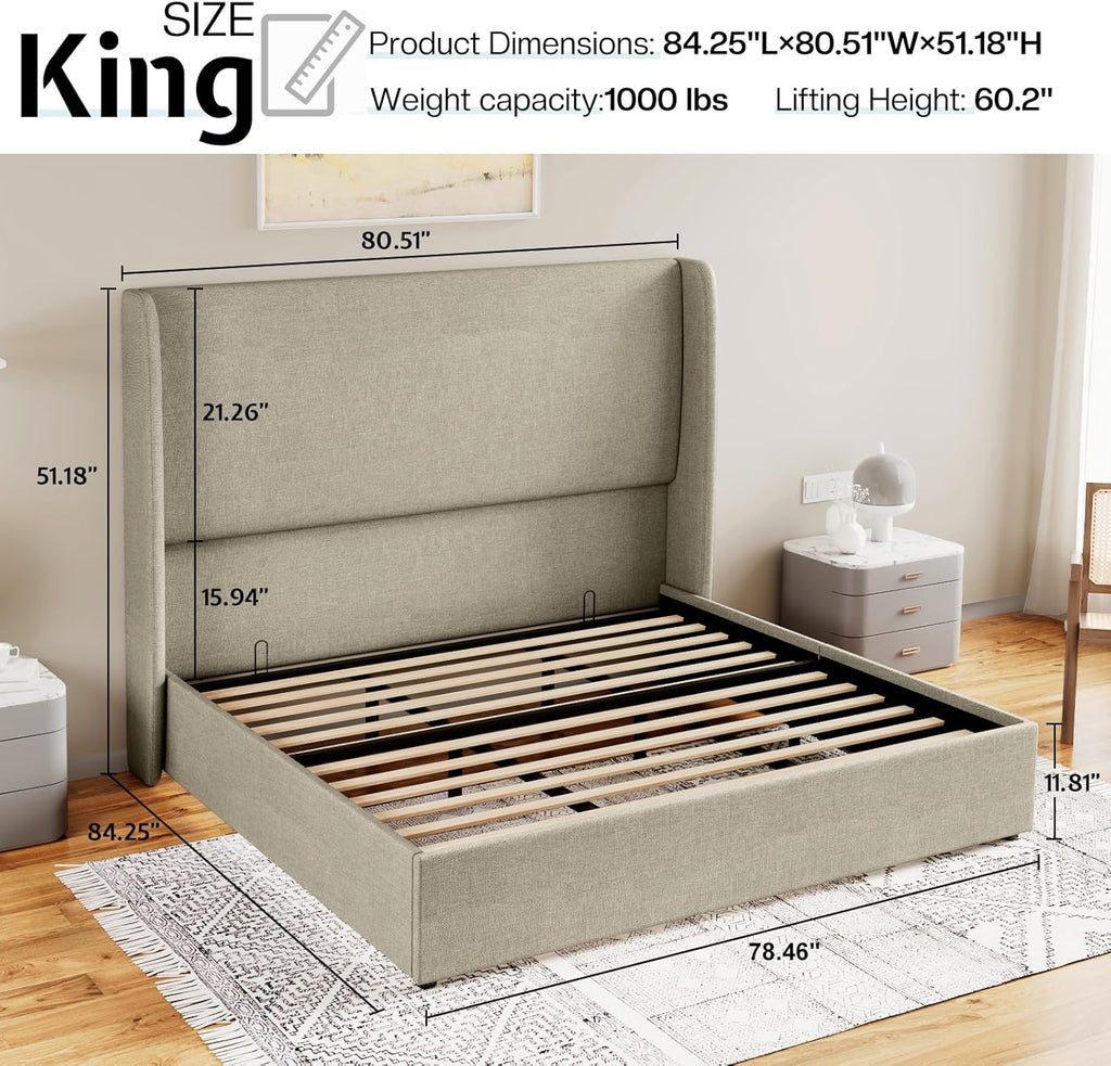 Jocisland King Size Upholstered Platform Bed Frame with Hydraulic Lift Storage, Wingback Headboard, Wood Slats Support, No Box Spring Needed, Linen Khaki