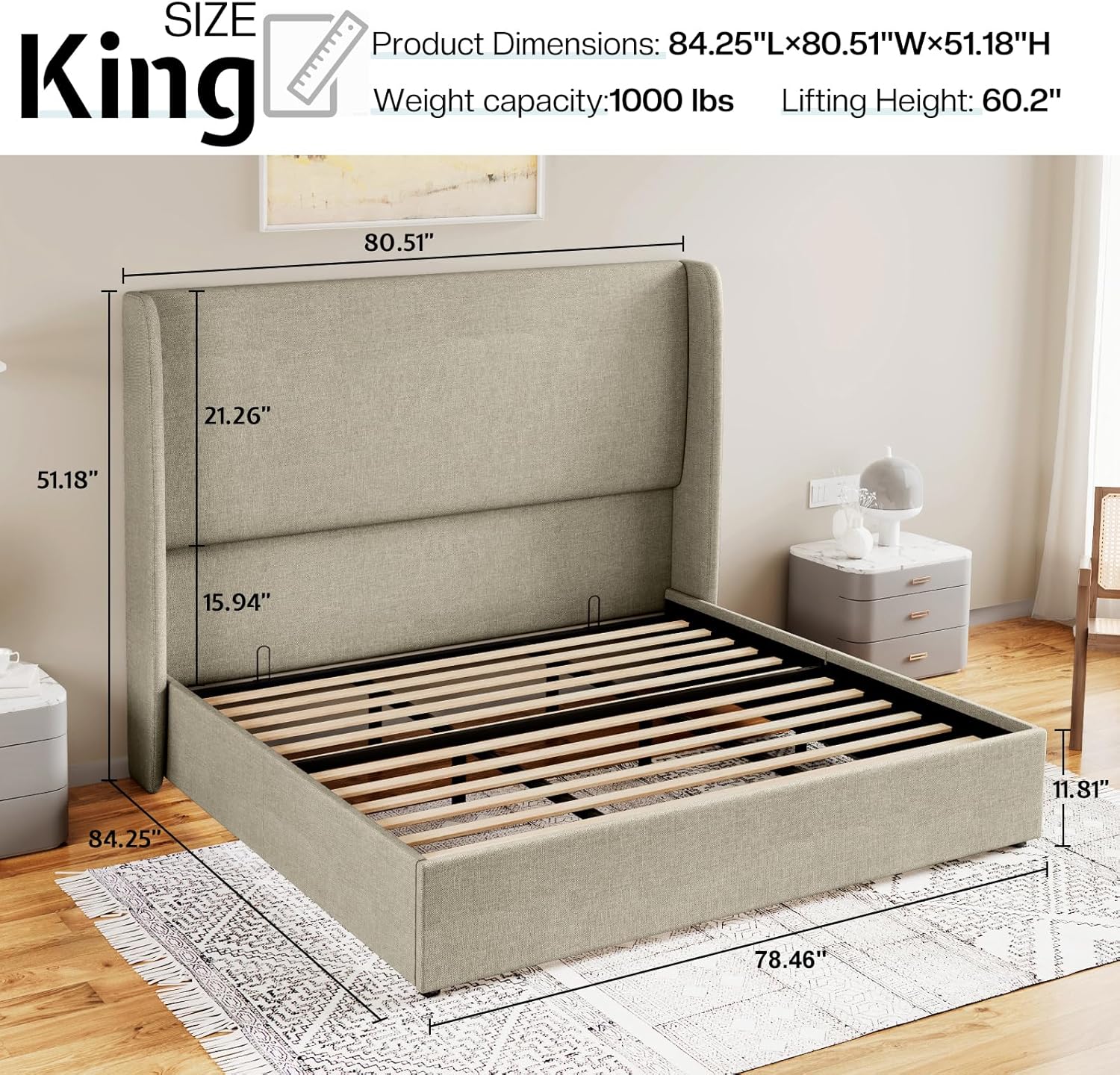 Jocisland King Size Upholstered Platform Bed Frame with Hydraulic Lift Storage, Wingback Headboard, Wood Slats Support, No Box Spring Needed, Linen Khaki