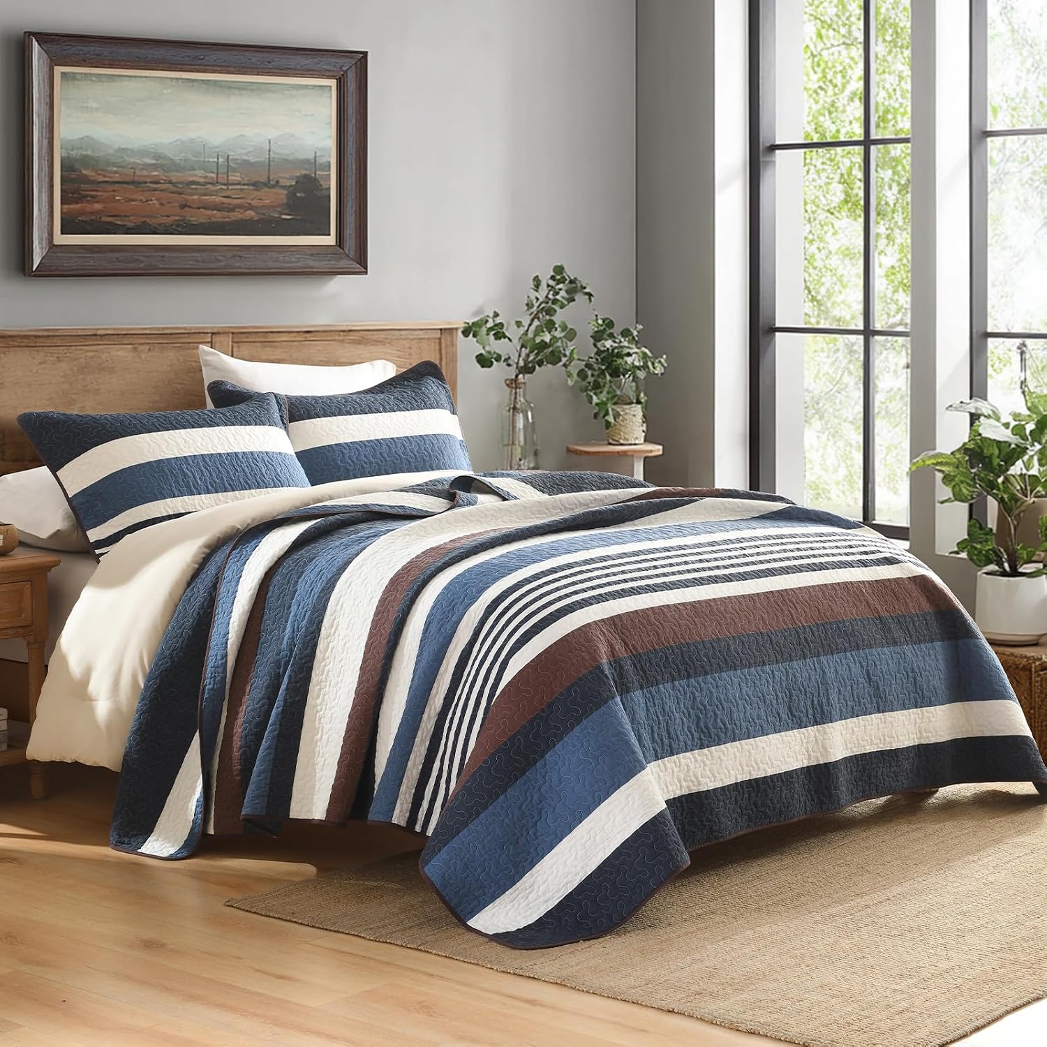 Quilts Queen Size - Blue Quilt Set with Matching Shams, Modern Striped Design Bedding Bedspread, 3 Pieces 100% Cotton Lightweight Coverlet Home Decor for All Season, Brown/Cream