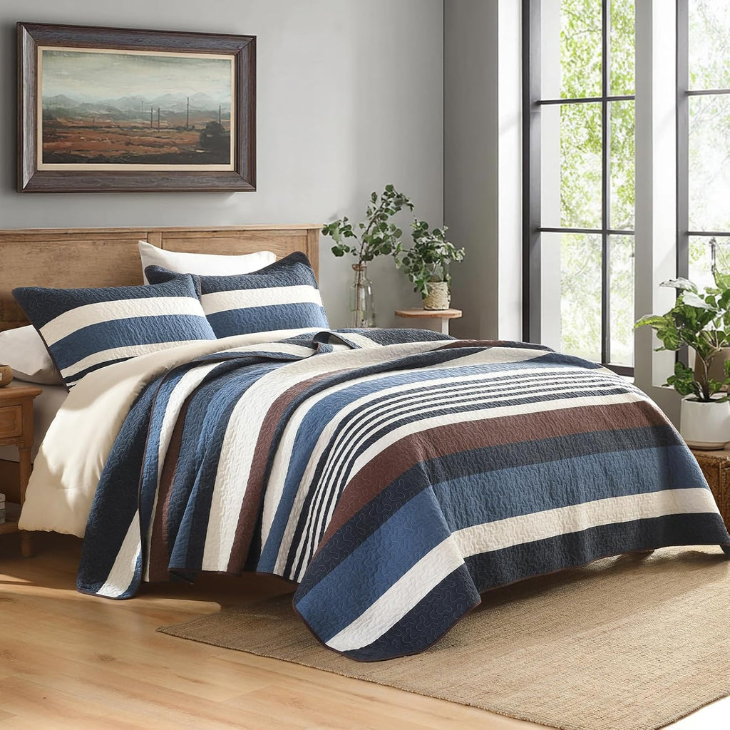 Quilts King Size - Blue Quilt Set with Matching Shams, Modern Striped Design Bedding Bedspread, 3 Pieces 100% Cotton Lightweight Coverlet Home Decor for All Season, Brown/Cream