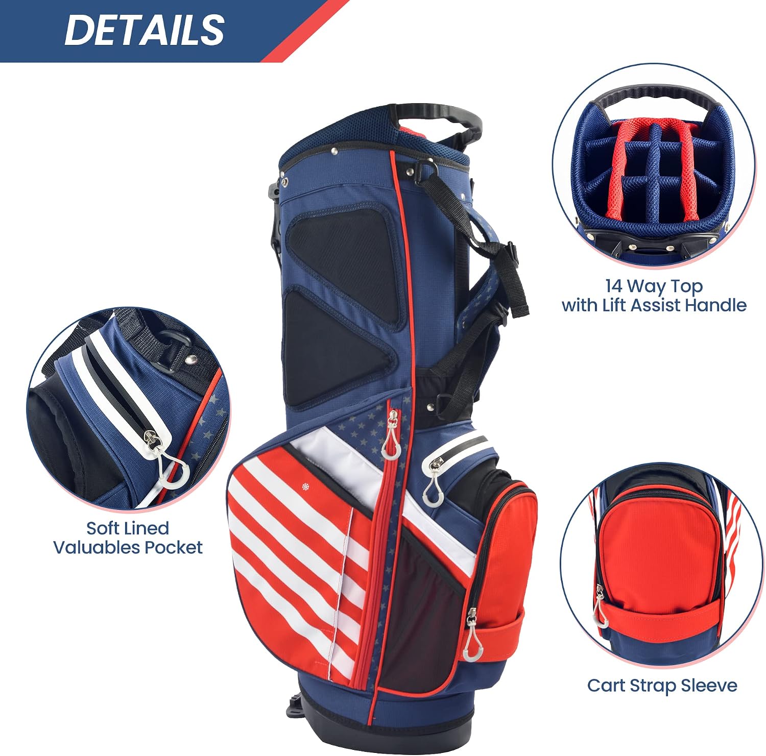 BOBOPRO Golf Stand Bag, Lightweight 14 Way Top Dividers Golf Carry Bag with 8 Pockets, USA Stars & Stripes Golf Bag for Golf Club Golf Cart for Men & Women