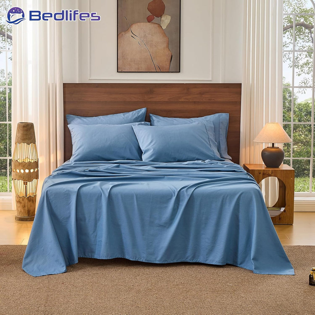 Bedlifes 100% French Pure Linen Sheets King Size Breathable and Cooling Flax Sheet Set Soft Durable and Moisture Wicking 16 Inch Deep Pocket-4 Piece(King,Flint Blue)