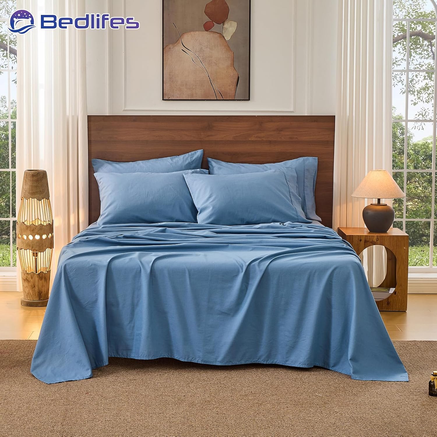 Bedlifes 100% French Pure Linen Sheets King Size Breathable and Cooling Flax Sheet Set Soft Durable and Moisture Wicking 16 Inch Deep Pocket-4 Piece(King,Flint Blue)