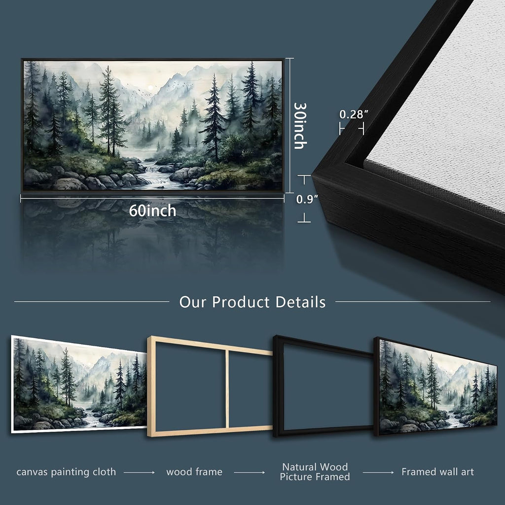 ZUITINGHUA Black Framed Canvas Wall Art For Living Room Large Wall Decor For Office Bedroom Decoration Misty Forest Picture Tree landscape Paintings Artwork Wall Mural Aesthetic Home Decor 30x60 In