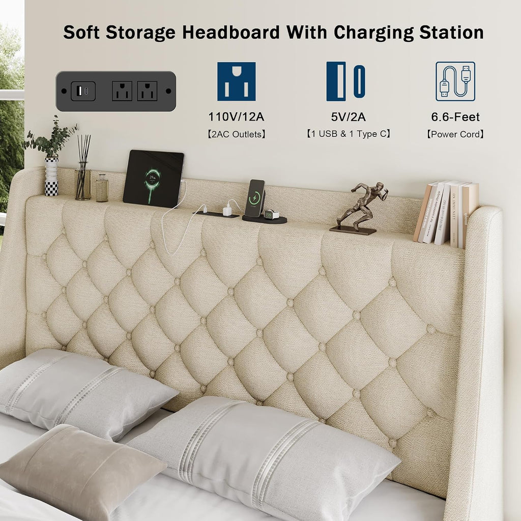 GalnFu Full Size Bed Frame with 4 Storage Drawers, Large Upholstered Wingback Headboard, Fast Charging Station, No Box Spring Needed, Noise-Free, Beige