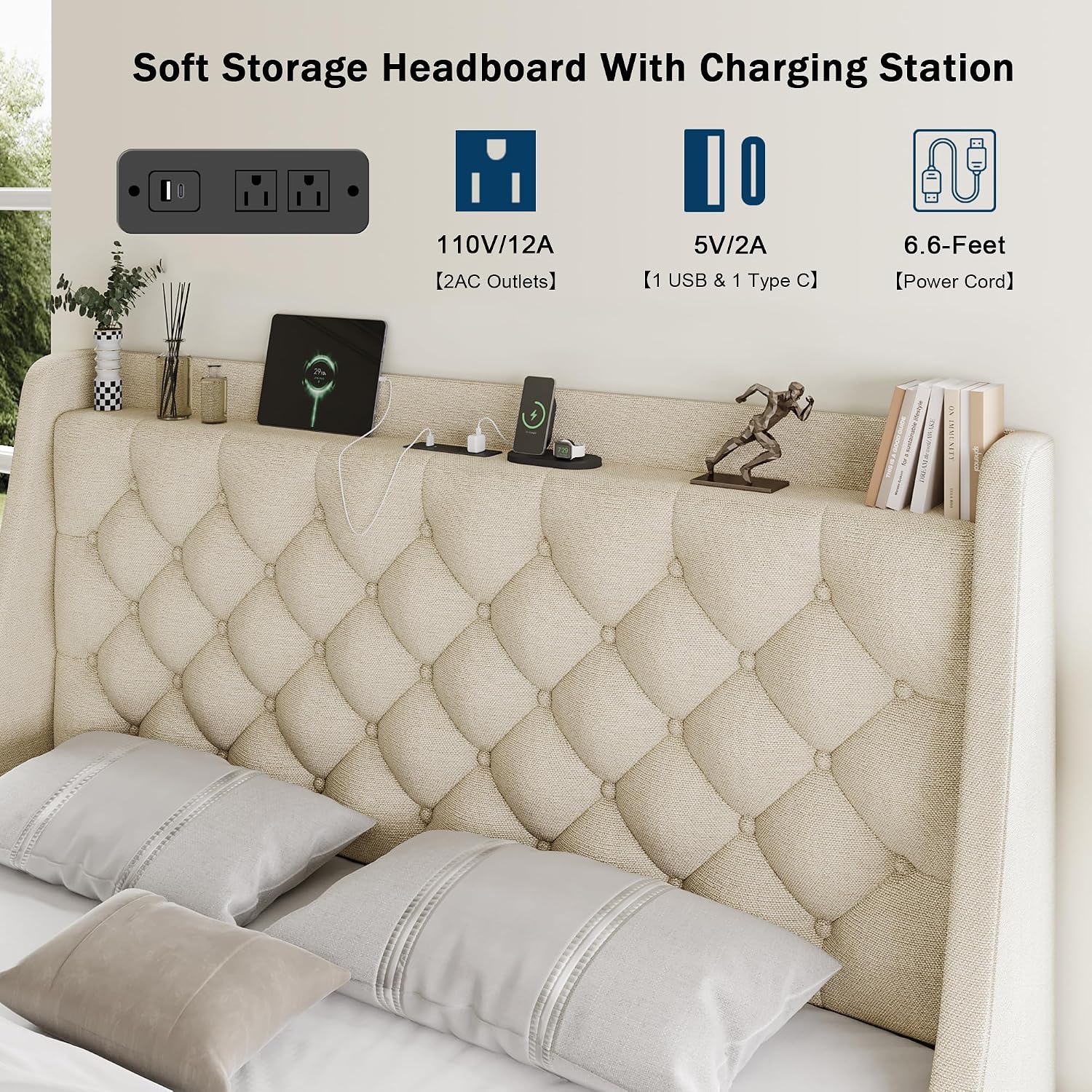 GalnFu Full Size Bed Frame with 4 Storage Drawers, Large Upholstered Wingback Headboard, Fast Charging Station, No Box Spring Needed, Noise-Free, Beige