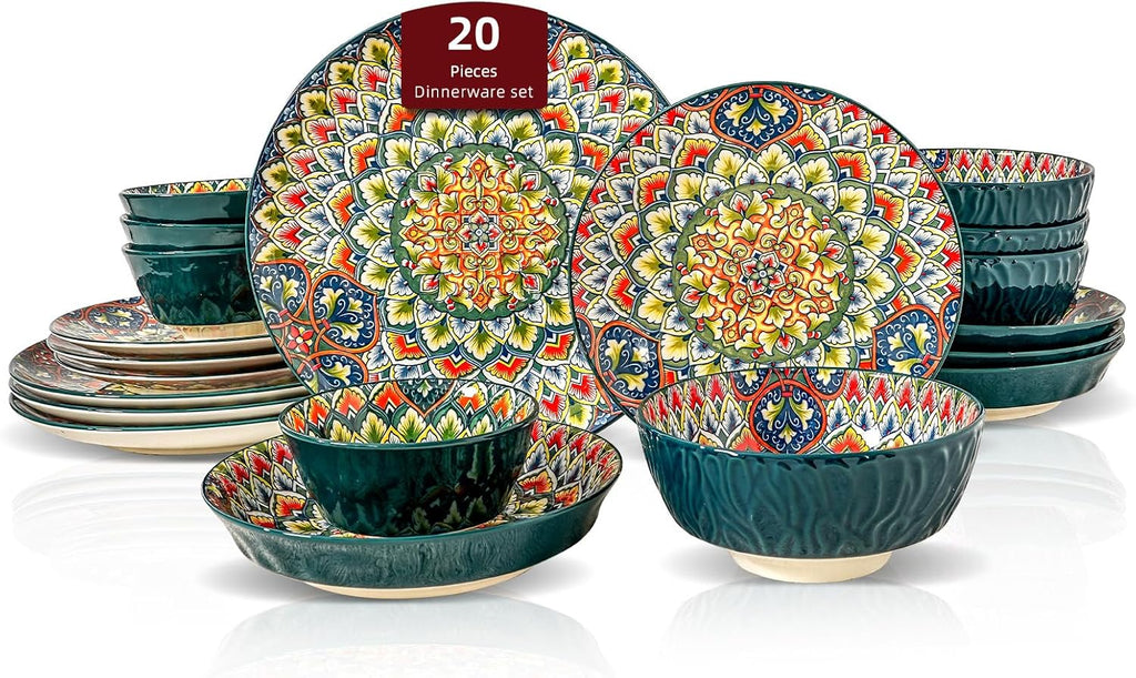 Homevss 20 Pieces Dinnerware Sets, Plates and Bowls Set, Porcelain Dishes Set for 4, Microwave and Dishwasher Safe, Scratch Resistant, Bohemian Style Dining Ware