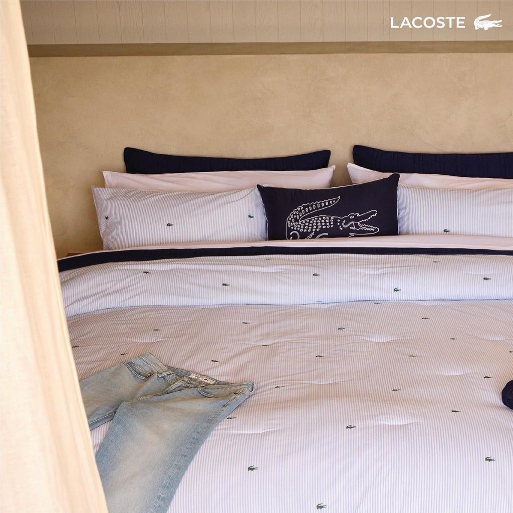 Lacoste Pinstripe Croc Comforter Set, 100% Percale Cotton 180TC, Breathable All Season Bedding with Embroidered Crocodile Logo, Blue, King