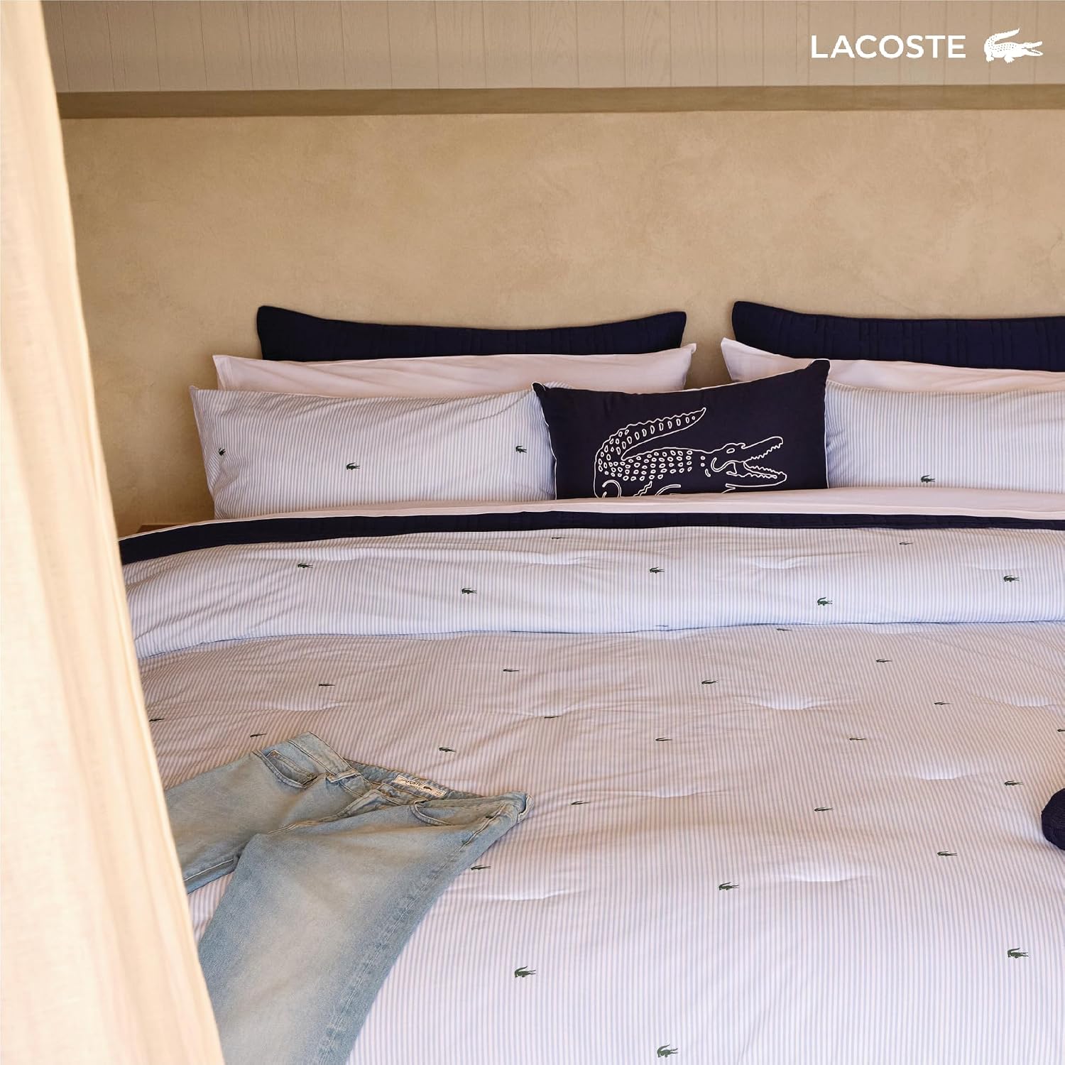 Lacoste Pinstripe Croc Comforter Set, 100% Percale Cotton 180TC, Breathable All Season Bedding with Embroidered Crocodile Logo, Blue, King