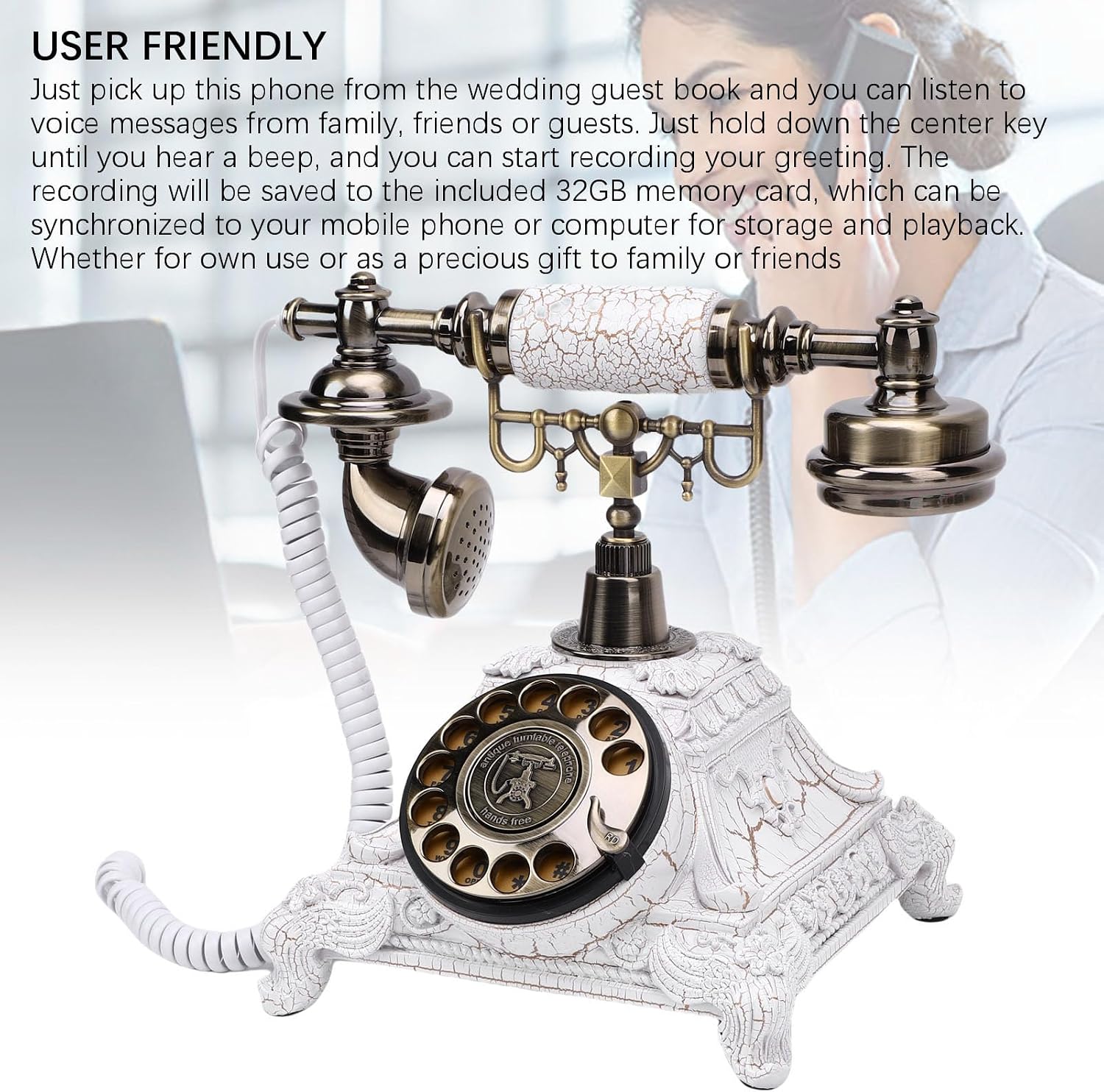 Audio Guest Book Phone, 32G Capacity Vintage Retro Telephone, Retro Audio Telephone Recording Customized Voice Message for Your Wedding Party, Wedding Idea Alternative (White)