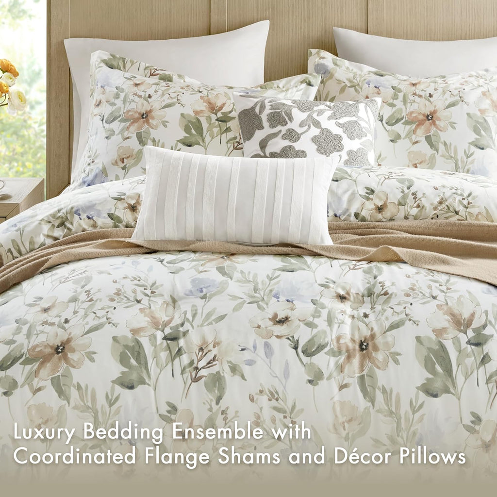 Harbor House King Comforter Set Watercolor Floral Print, 300TC Sateen Cotton Comforters, All Season Oversized Comforter, Shams, Bed Skirt, Décor Pillows, King, Multi, 6 Piece