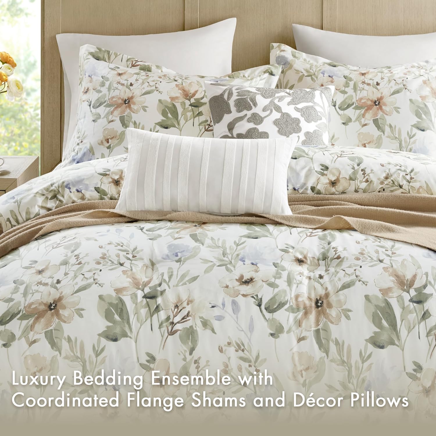 Harbor House King Comforter Set Watercolor Floral Print, 300TC Sateen Cotton Comforters, All Season Oversized Comforter, Shams, Bed Skirt, Décor Pillows, King, Multi, 6 Piece