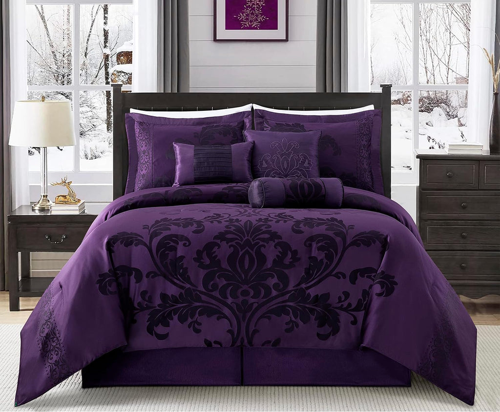Chezmoi Collection Royale 7-Piece Jacquard Floral Comforter Set, Oversized Queen, Purple/Dark Purple