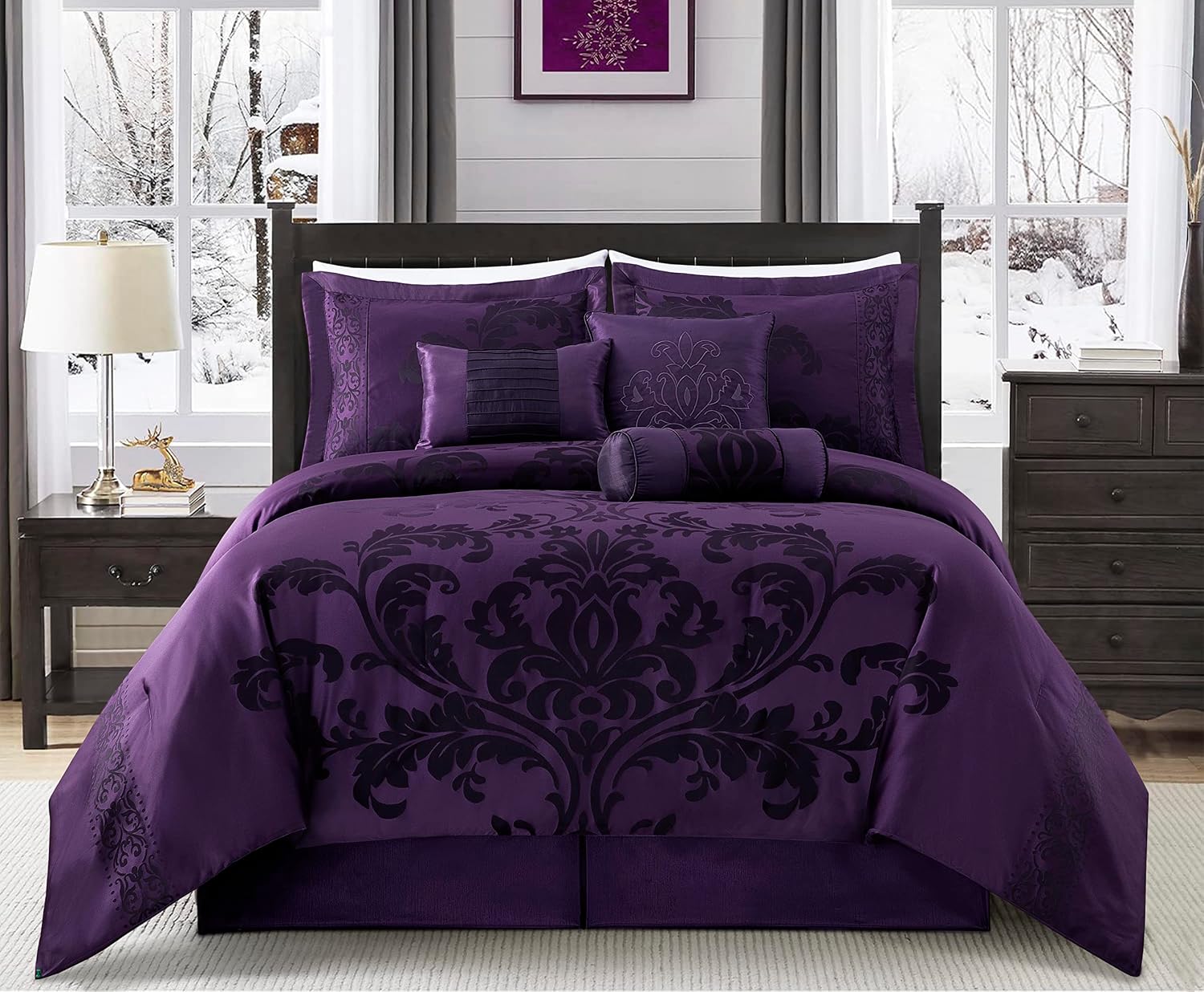 Chezmoi Collection Royale 7-Piece Jacquard Floral Comforter Set, Oversized King, Purple/Dark Purple