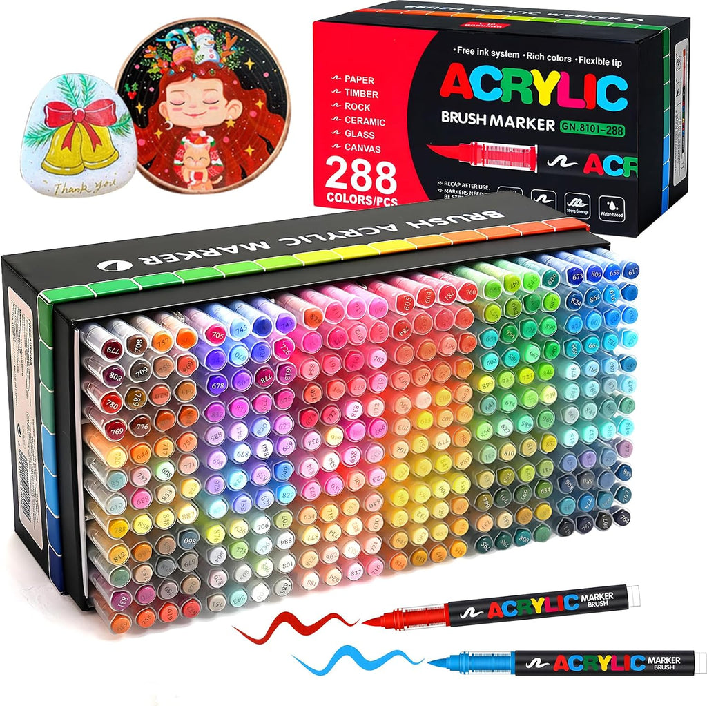 Amamao 288 Colors Acrylic Paint Markers, Soft Brush Tip Pens and Markers, Acrylic Paint Pens for Wood, Stone, Canvas, Glass, Fabric, Egg, Rock Painting and DIY Crafts Art Supplies (288 BOX)