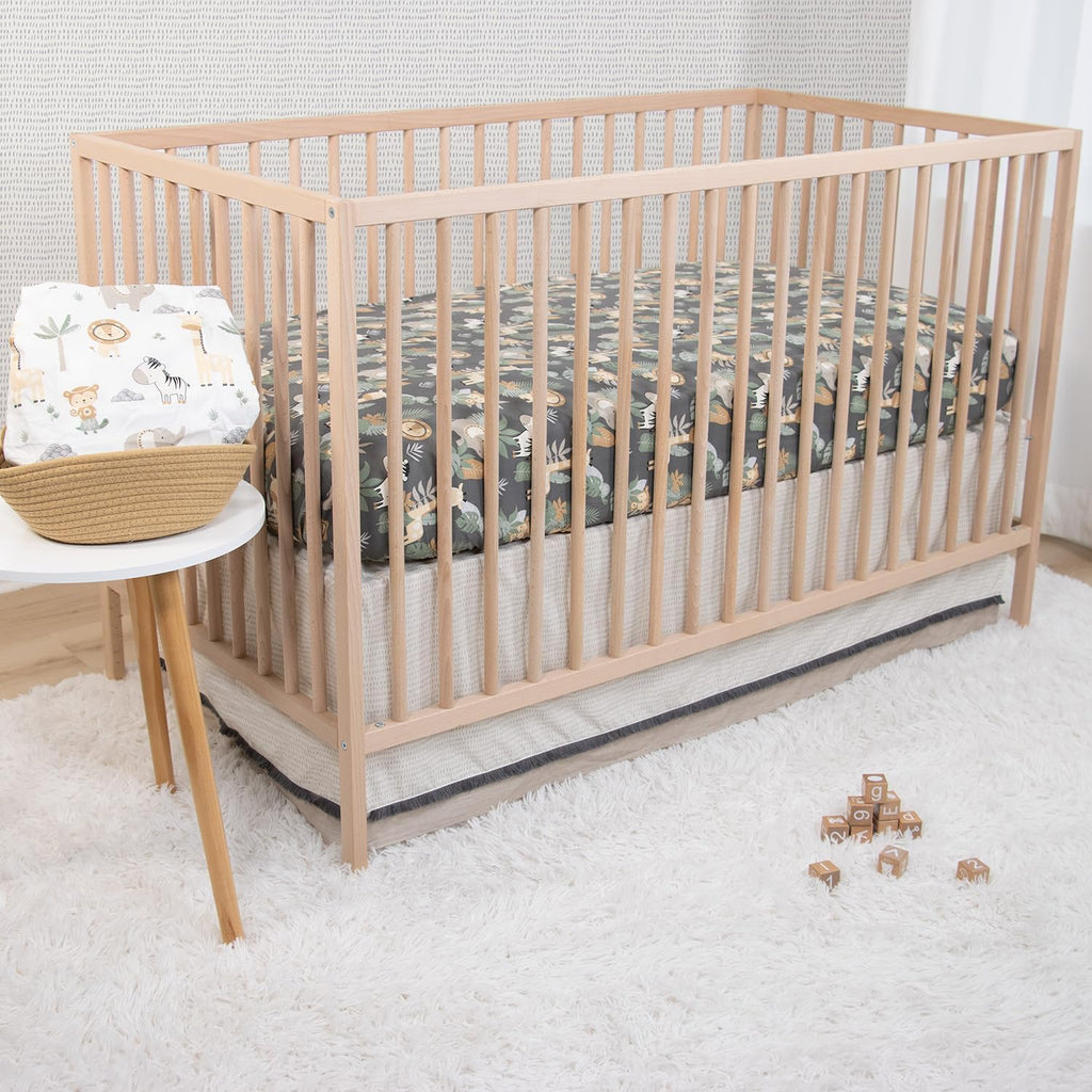 The Peanutshell 4 Piece Organic Cotton Baby Crib Bedding Set for Boys & Girls - Newborn, Infant & Toddler Nursery Bed Set Decor with Two Crib Sheets, Dust Ruffle Comforter - Safari Serenity