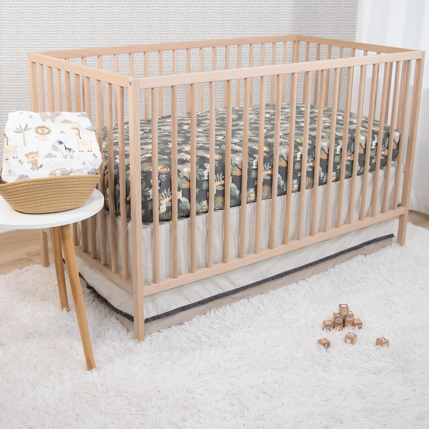 The Peanutshell 4 Piece Organic Cotton Baby Crib Bedding Set for Boys & Girls - Newborn, Infant & Toddler Nursery Bed Set Decor with Two Crib Sheets, Dust Ruffle Comforter - Safari Serenity