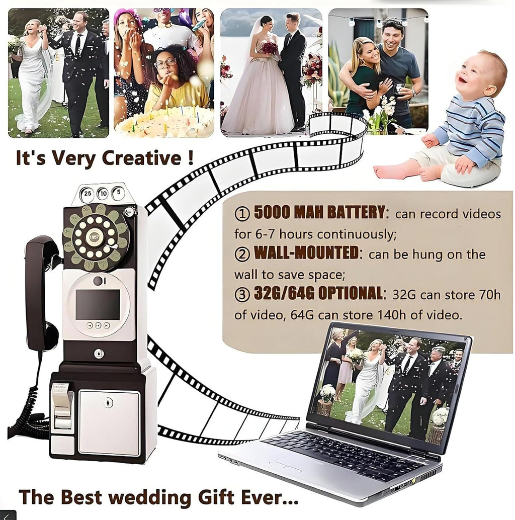 Video Audio Guest Book Phone, 1080P Video GuestBook Wedding Phone, Video Audio Guest Book with Lens Recording 52x20x27cm Black