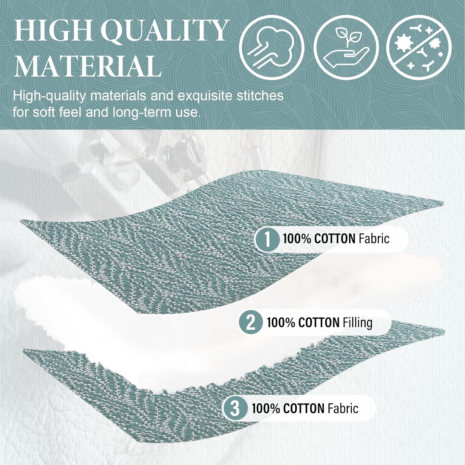 SahSahCasa Quilt Set King Size, 100% Cotton Quilt Bedding Set Bedspread, Botanical Pattern Solid Color Chic Lightweight Quilted Comforter for King Bed, White/Teal, All Season, 3 Pieces