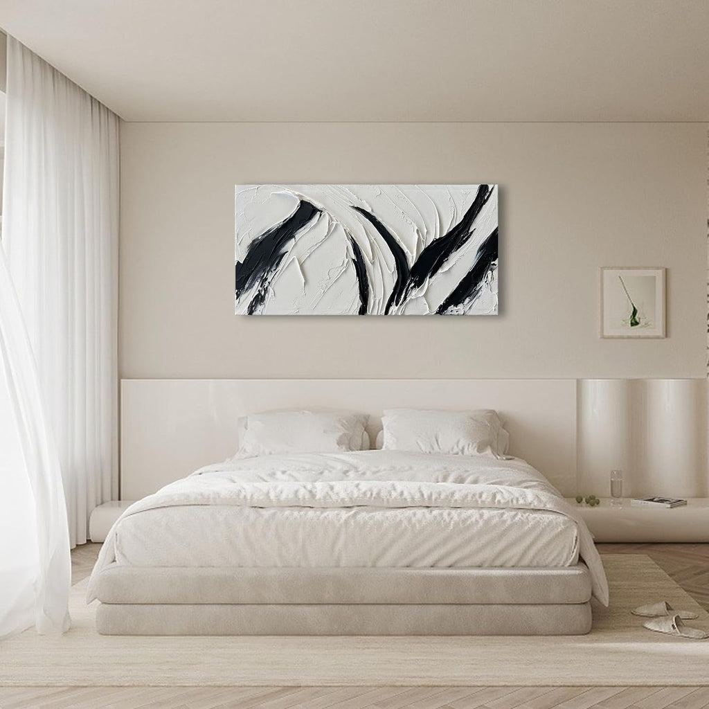 NANKAI Art Hand Painted Oil on Canvas in Black and White 48x24 inches Modern Abstract Minimalist Oil Painting Home Wall Decorative Art