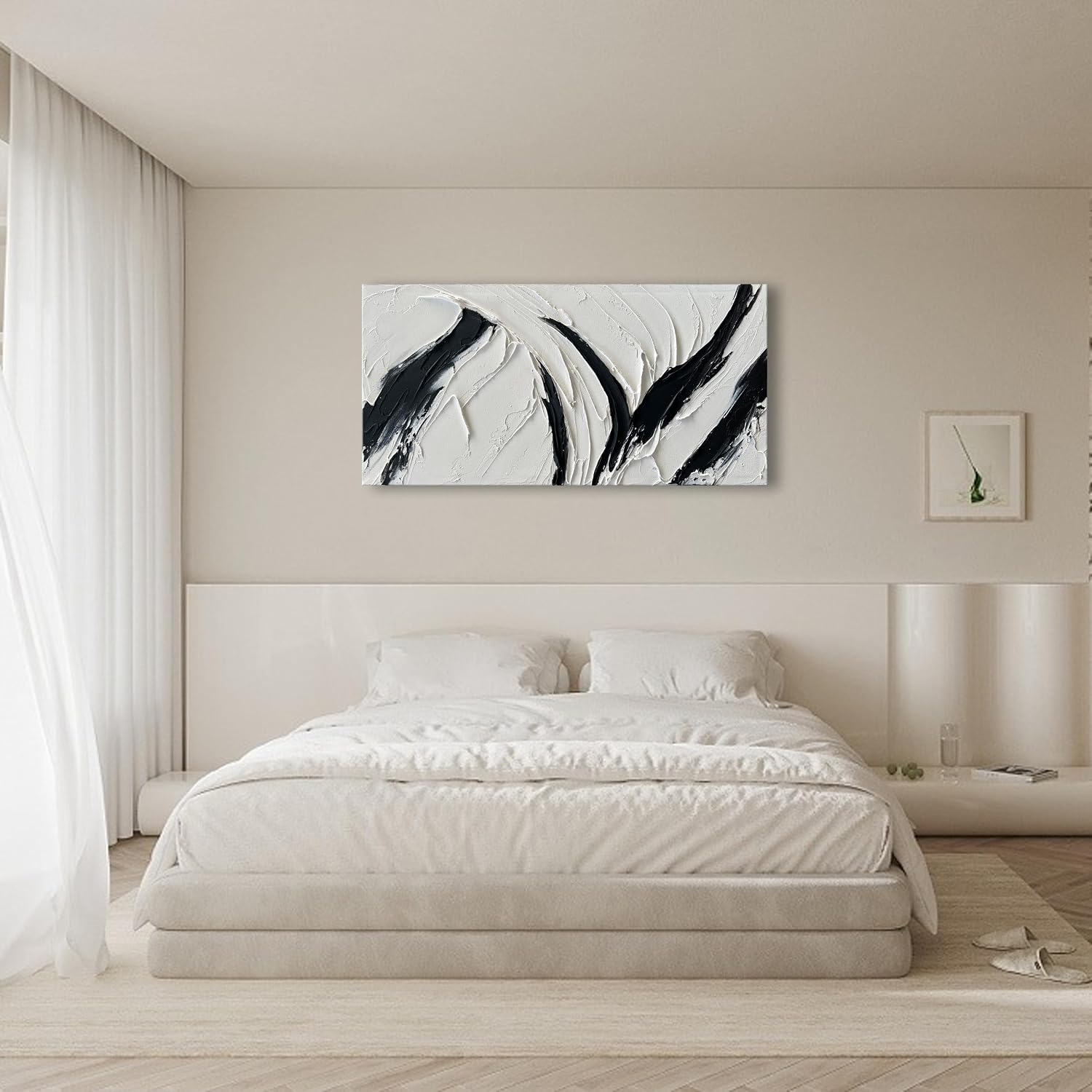 NANKAI Art Hand Painted Oil on Canvas in Black and White 48x24 inches Modern Abstract Minimalist Oil Painting Home Wall Decorative Art