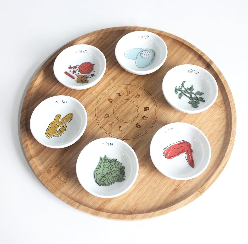 13' Hand Made Large Passover Seder Plate with 6 Colorful Ceramic Bowls, Bamboo Passover Sedar Plate Set, Giftable Packaging, Jewish Holiday and Traditional Table Decorations Gift
