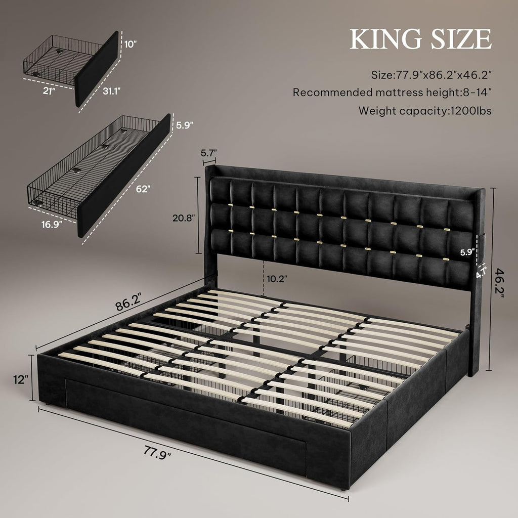 DWVO King Size Bed Frame with 3 Storage Drawers and RGB LED Lights, Velvet Upholstered Bed with Charging Station and Storage Headboard, No Box Spring Needed, Easy Assembly, Noise-Free, Black