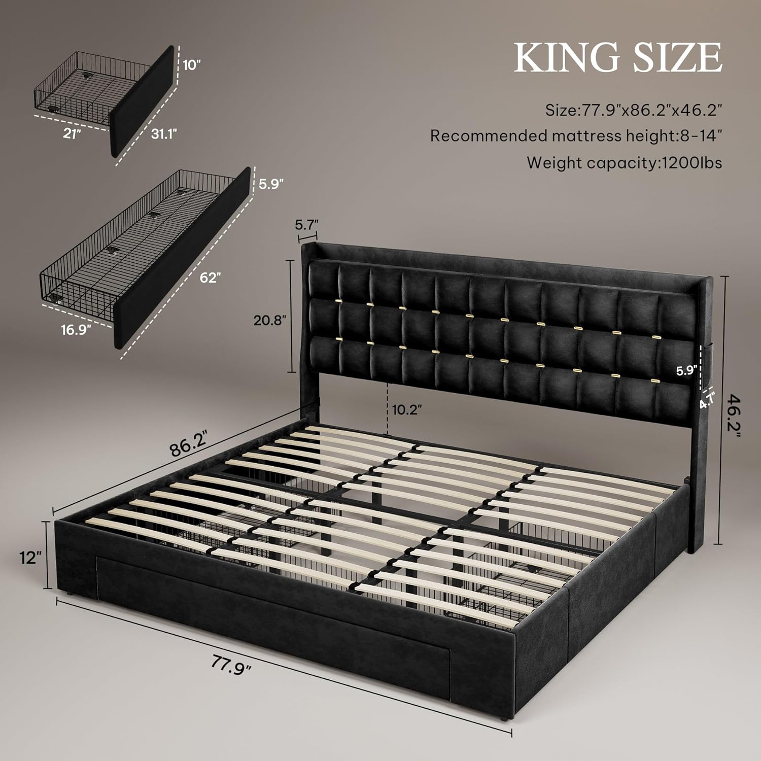 DWVO King Size Bed Frame with 3 Storage Drawers and RGB LED Lights, Velvet Upholstered Bed with Charging Station and Storage Headboard, No Box Spring Needed, Easy Assembly, Noise-Free, Black