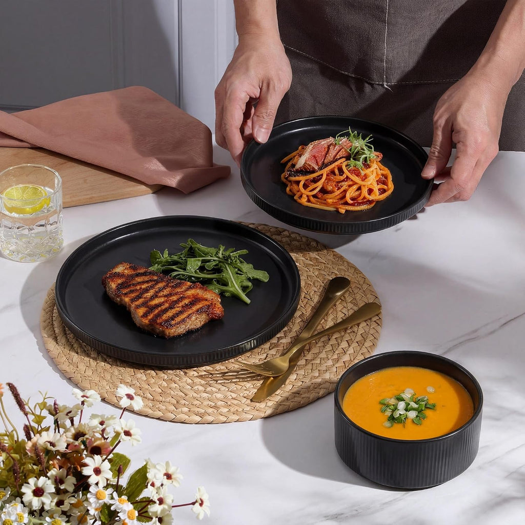 E-far 24-Piece Stoneware Dinnerware Sets, Plates and Bowls Sets for 8, Kitchen Dinning Porcelain Ribbed Dishes Set, Chip & Scratch Resistant, Dishwasher & Microwave Safe, Matte Black