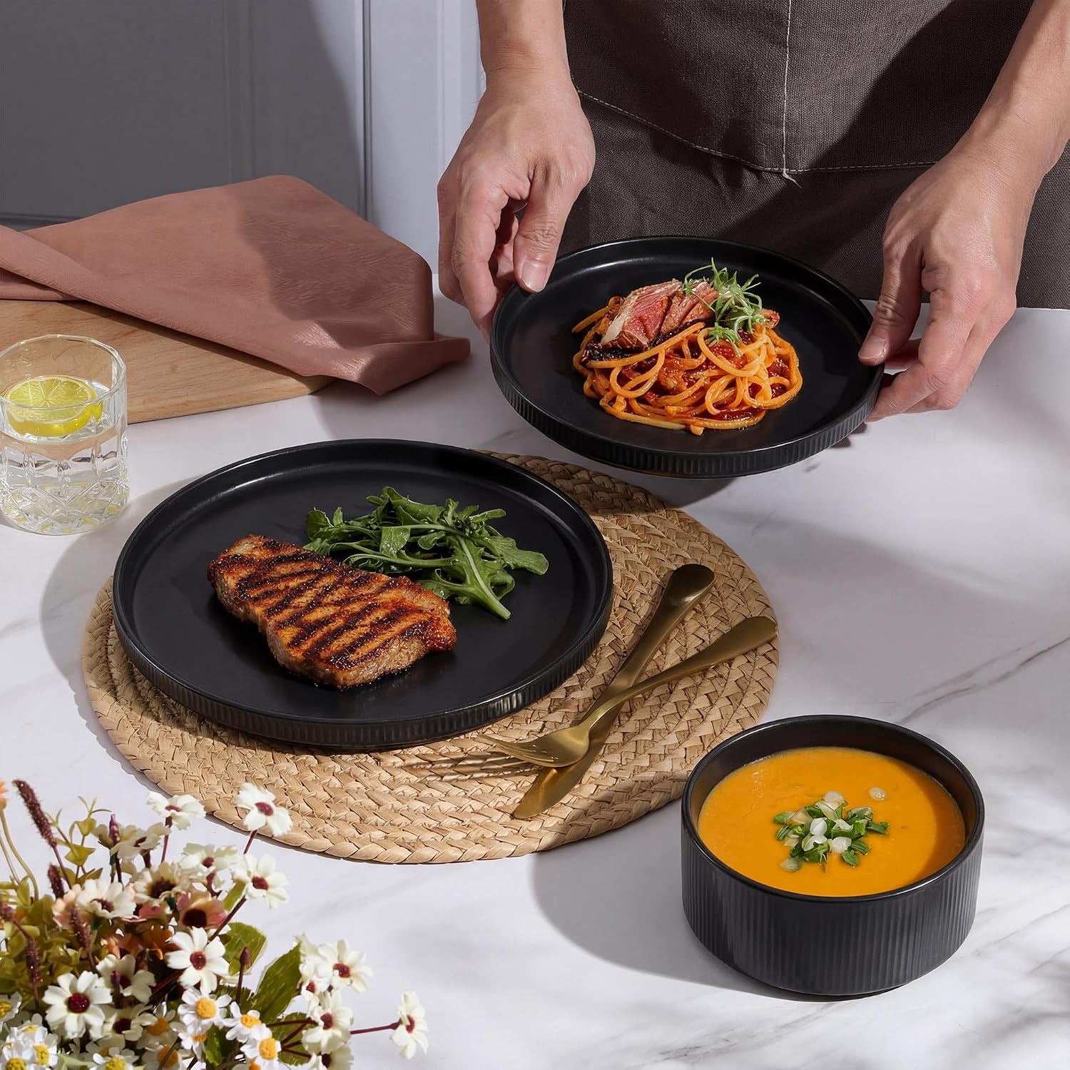 E-far 24-Piece Stoneware Dinnerware Sets, Plates and Bowls Sets for 8, Kitchen Dinning Porcelain Ribbed Dishes Set, Chip & Scratch Resistant, Dishwasher & Microwave Safe, Matte Black