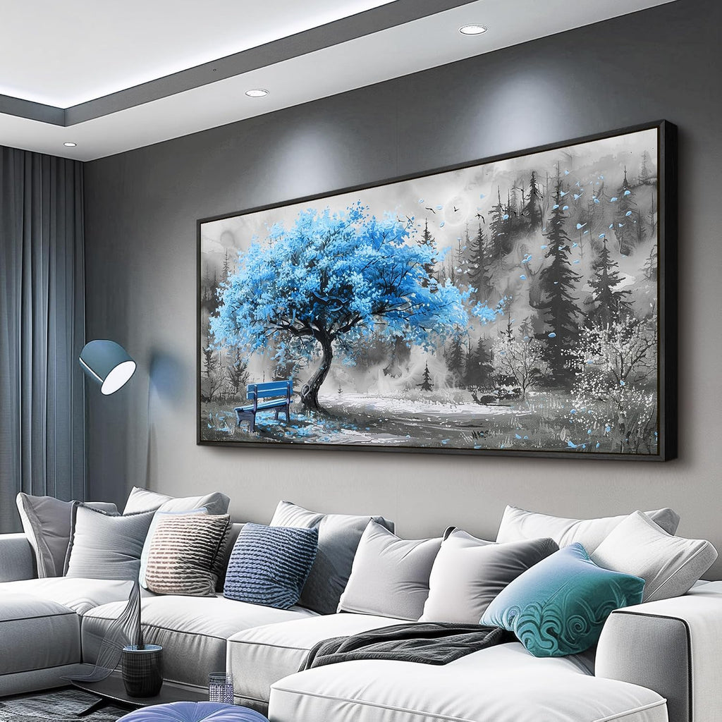 ZUITINGHUA Black Framed Canvas Wall Art For Living Room Large Wall Decor For Office Bedroom Decorations Blue Tree Landscape Pictures Black And White Paintings Artwork Aesthetic Home Decor 30x60 In