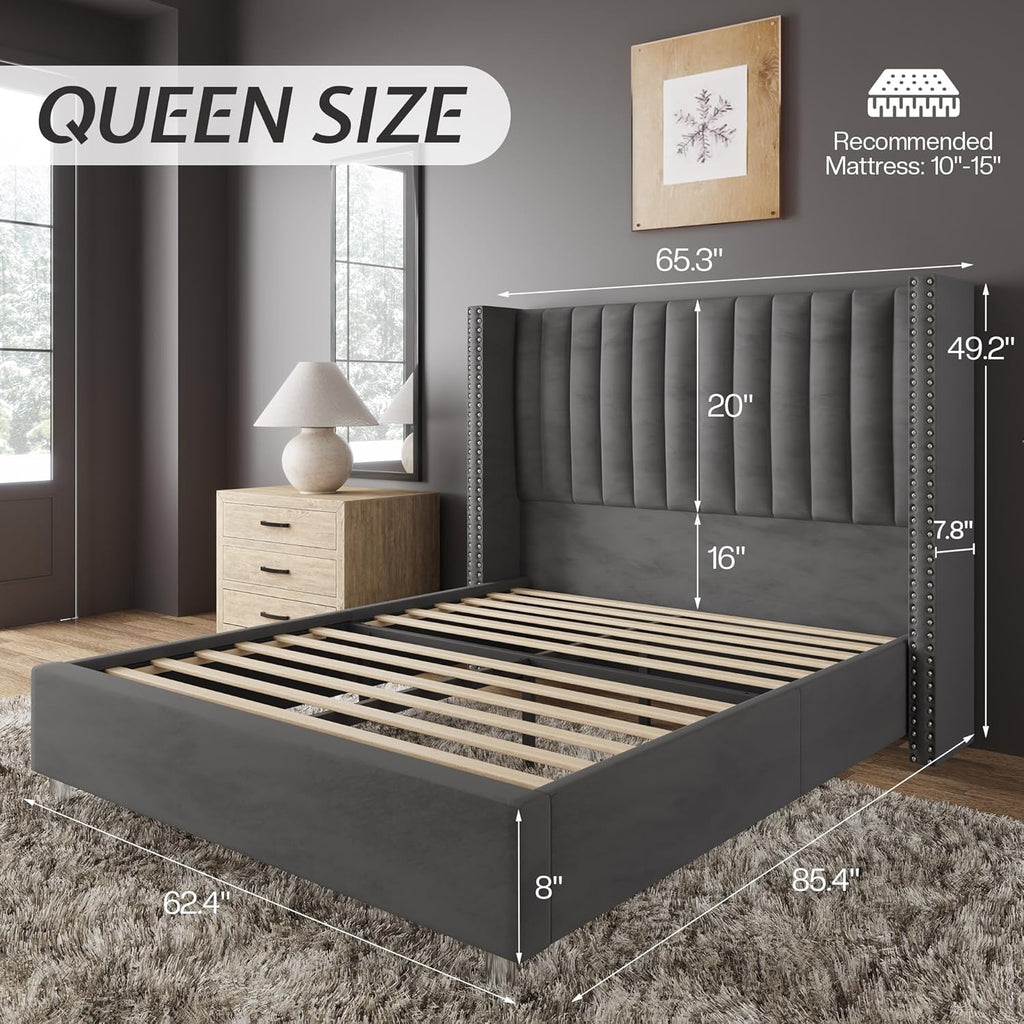 Jocisland Queen Bed Frame with 49.2' Tall Wingback Headboard, Velvet Upholstered Platform Bed, No Box Spring Needed, Noise-Free, for Couples, Guest Room & Apartment, Grey