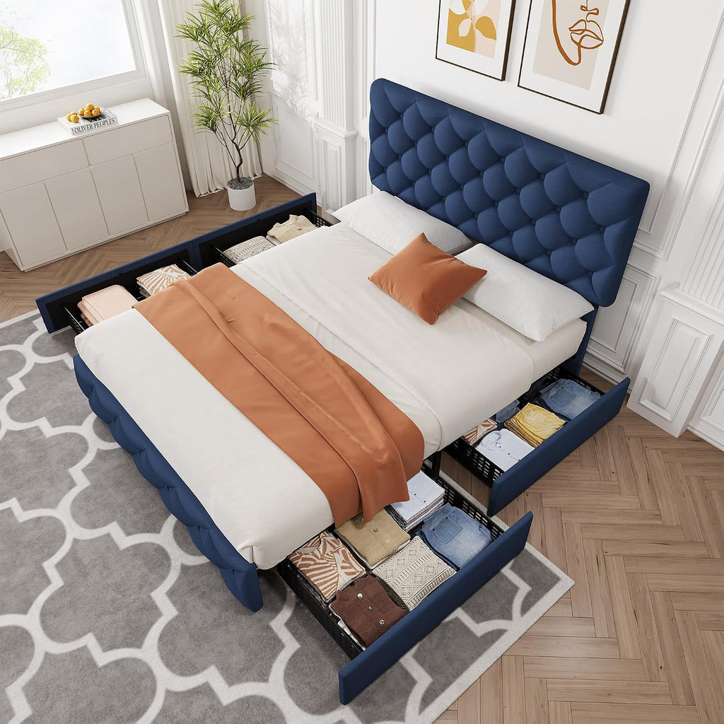 IDEALHOUSE Queen Size Bed Frame with 4 Storage Drawers and Adjustable Headboard, Linen Upholstered Platform Beds, Diamond Stitched Button Tufted, No Box Spring Needed, Blue