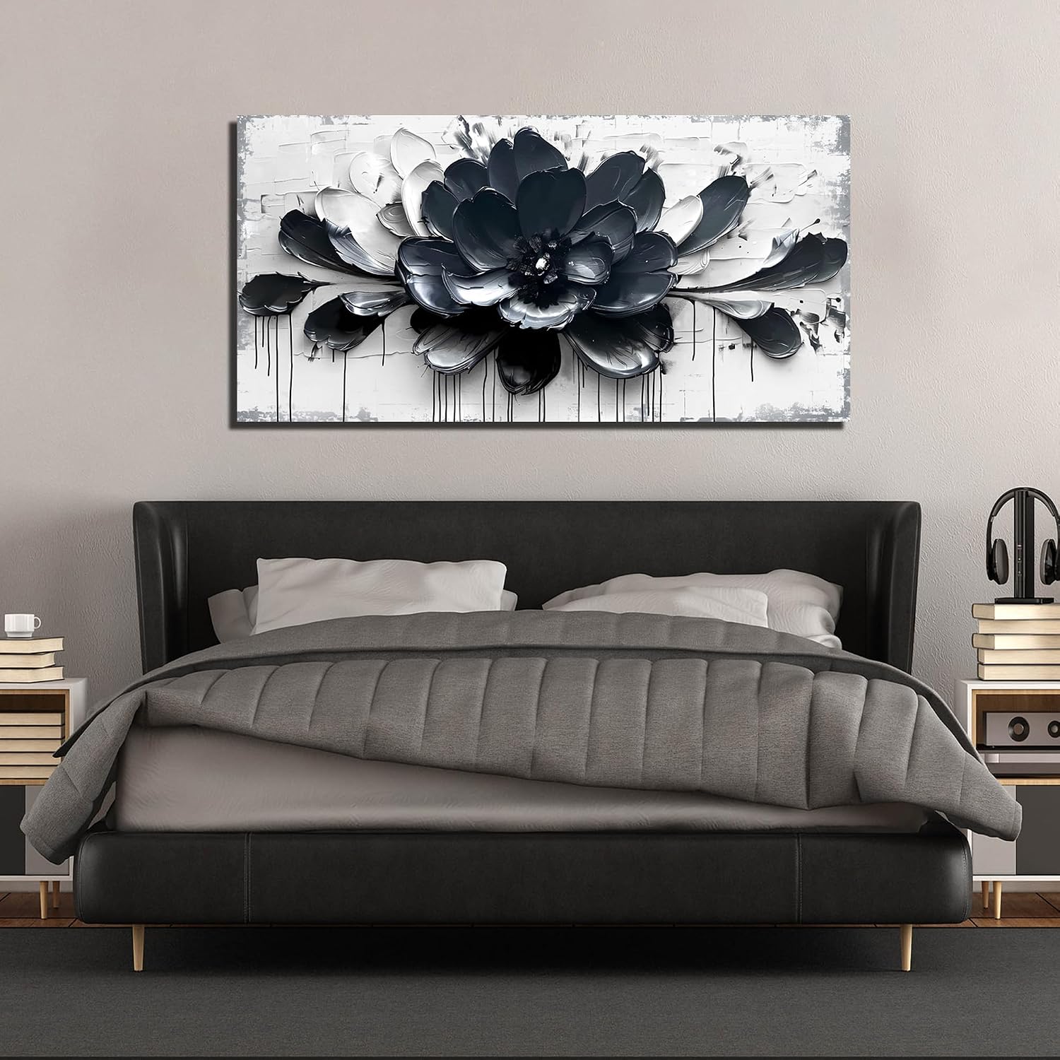 GUGIKA Flower Wall Art for Bedroom, Blue Black and White Canvas Wall-Decor for Lving Room, Floral Picture Print Artwork for Office, Large Size 59 x 29 Inches