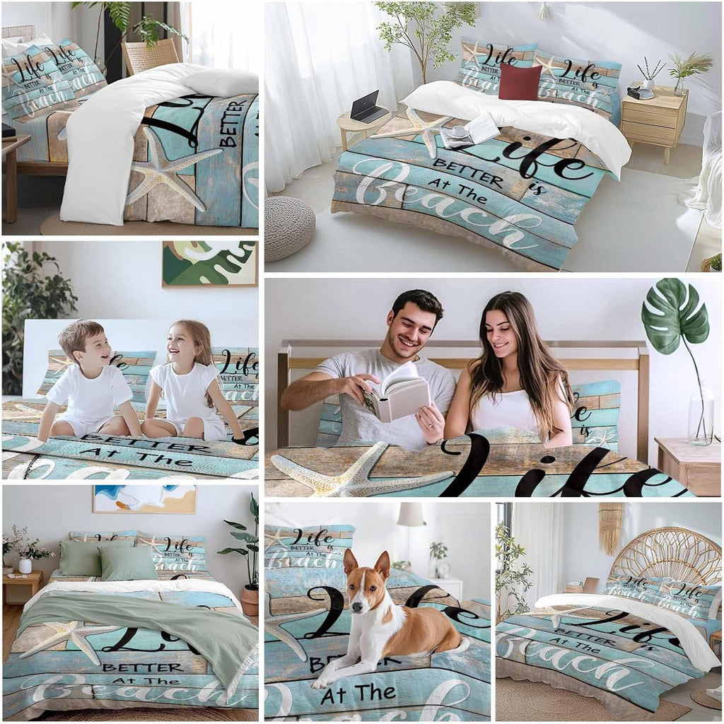 Life Is Duvet Cover Set Queen Size 4 Pieces Better at The Beach Summer Starfish Teal Wood Grain Bedding Set with Zipper Closure, 1 Comforter Cover 90x92 Inches 1 Flat Sheet & 2 Pillow Cases