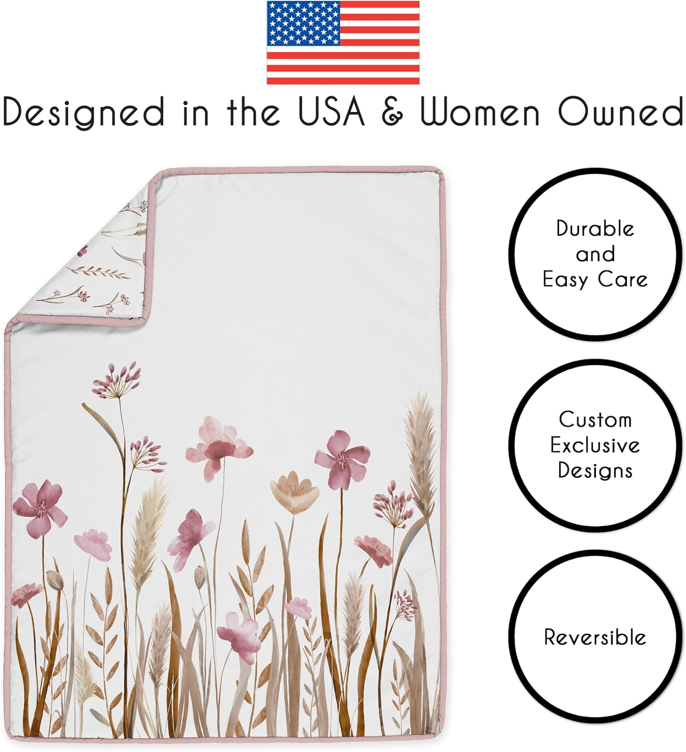 Sweet Jojo Designs 4-Piece Baby Crib Bedding Set (Pink Boho Floral) for Girls, Infants/Nursery incl. Blanket, Fitted Sheet, Skirt, Diaper Stacker (Vintage, Wildflower Garden, Bohemian, Farmhouse)