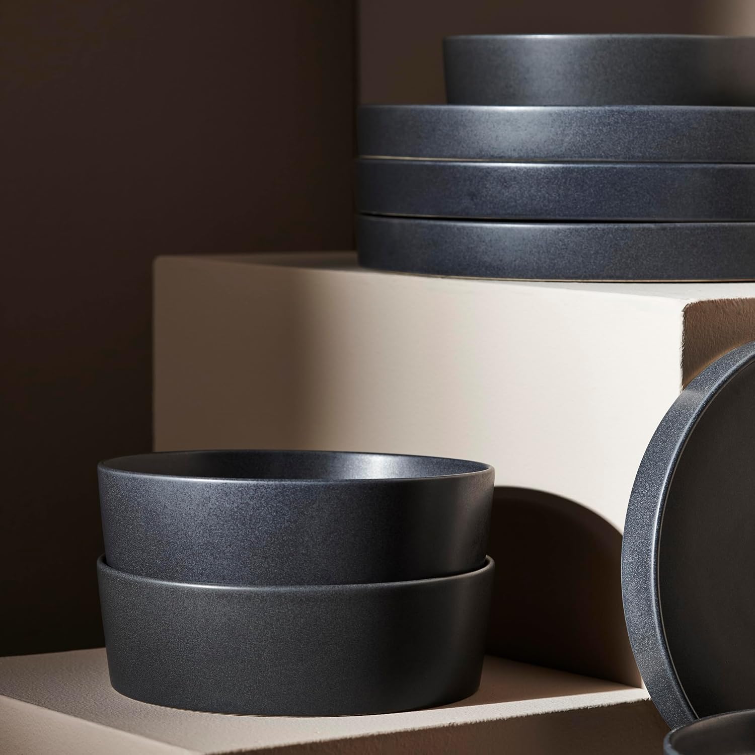 Stone by Mercer Project MODAN 24-Piece Stoneware Dinnerware Set, Plates and Bowls Sets, Dish Set for 8, Charcoal