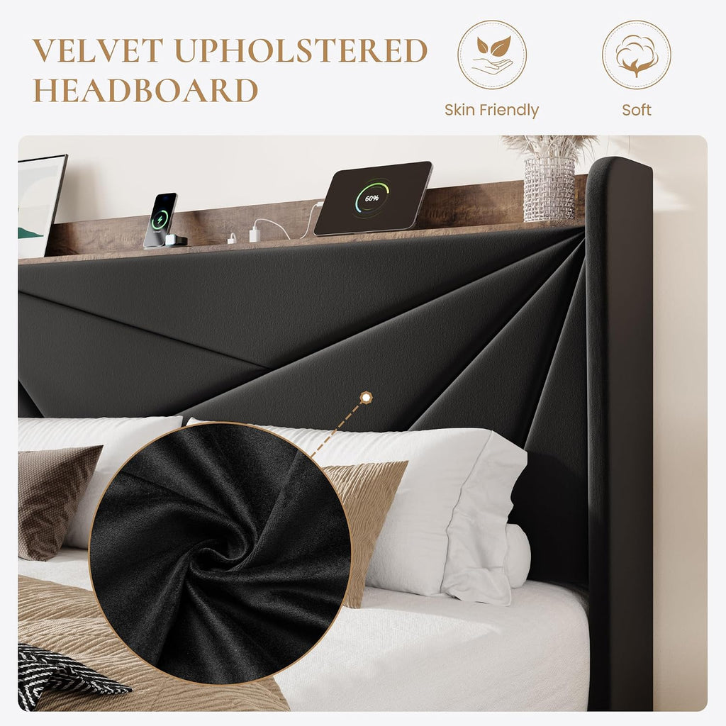 SHA CERLIN King Size Bed Frame with 3 Drawers, USB & Type-C Charging Ports, Velvet Upholstered Platform Bed with Modern Geometric Wingback Storage Headboard, No Box Spring Needed, Easy Assembly, Black