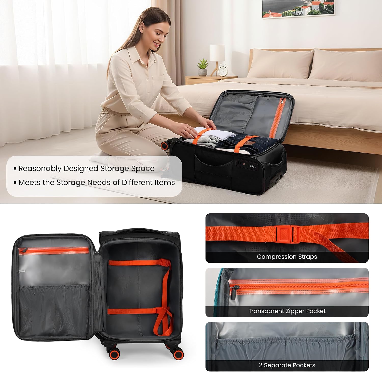 2-Piece Set (22in/28)Softside Expandable 20% Luggage w/Spinner Wheels,Front Opening Softside Luggage Sets w/TSA LOCK,Lightweight Durable Rolling Luggage for Men/Women（Black,22in/28in）