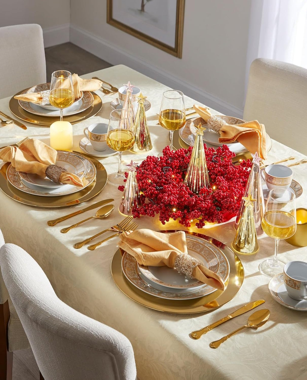 BrylaneHome 40 Piece Medici Porcelain Dinnerware Set (Service For 8), Includes Dinner & Dessert Plates, Bowls, Cups & Saucers, Elegant Gold Rim Pattern - Gold White