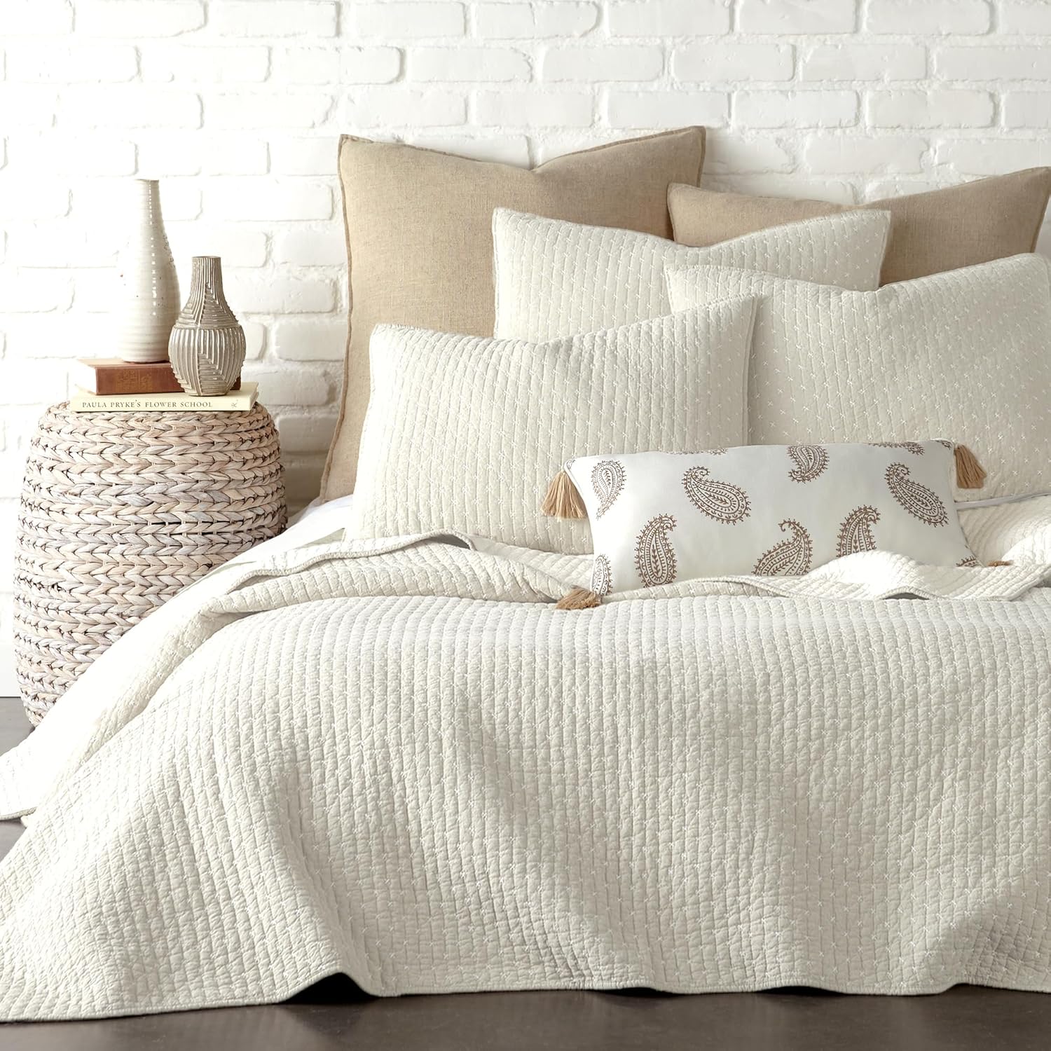 Levtex Home Cross Stitch Reversible Full/Queen Quilt Set (88x92in) with 2 Pillow Shams (26x20in) - Stitch Texture - Cream - Cotton Full/Queen Size Quilt Bedding Set - Lightweight, Soft, Pre-Washed