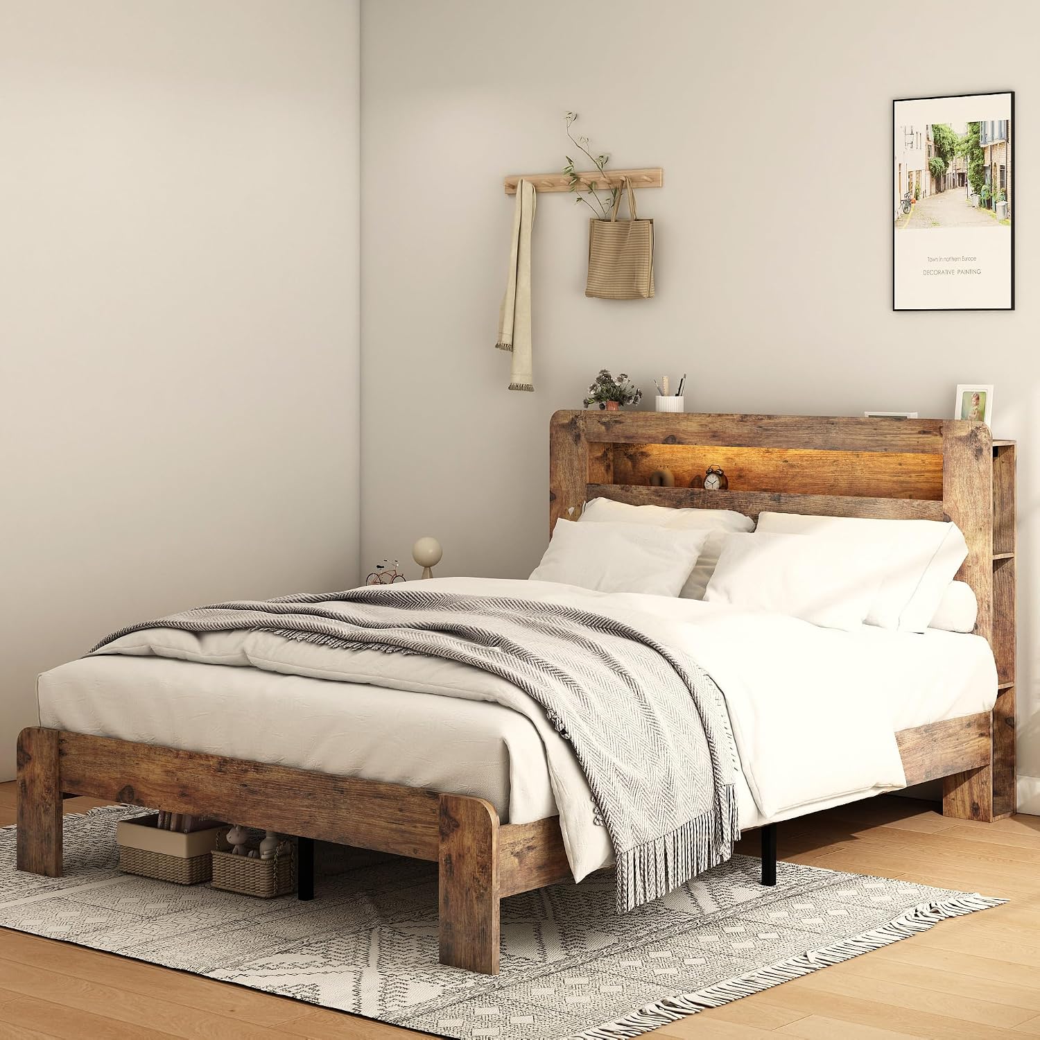 Bellemave Rustic Vintage King Size Bed Frame with Bookshelves,Storage Headboard and Charging Station,Wooden Platform Bed Frame King Size with LED Lights and Wood Slats,Easy Assembly,Dark Brown