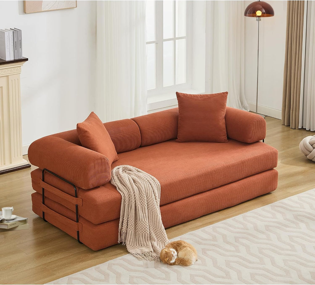 WILLIAMSPACE 78.5' Modern Loveseat Sofa Fold-Out Sofa Bed, Convertible Chair Floor Couch with Removable Backrest, Comfy King Size Sofa Bed for Living Room, Bedroom, Corduroy Fabric (Orange)