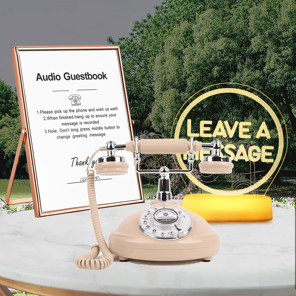 Audio Guestbook Phone with LED Light and A5 Photo Frame, Guestbook Audio Retro Phone is The Perfect Addition to Wedding Ideas or Party Notes with Custom Guest Voice Messages (Beige)