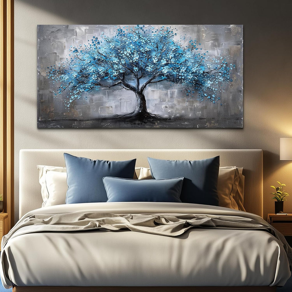 FUHAIHUA Canvas Wall Art For Living Room Large Wall Decor For Office Bedroom Decortions Black And White Pictures Blue Trees Wall Paintings Framed Mural Aesthetic Home Decor Posters Artwork 30x60 In