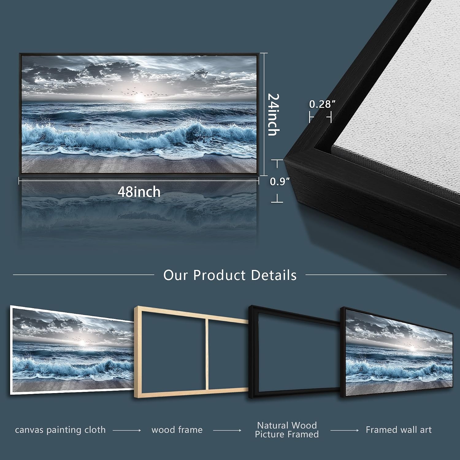 ERQINHUA Large Canvas Wall Decor For Bedroom Wall Art For Living Room Office Decor Blue Beach Sea Wave Paintings Sunrise Ocean Seascape Wall Pictures Artwork Modern Home Decor Black Frame 24x48 In
